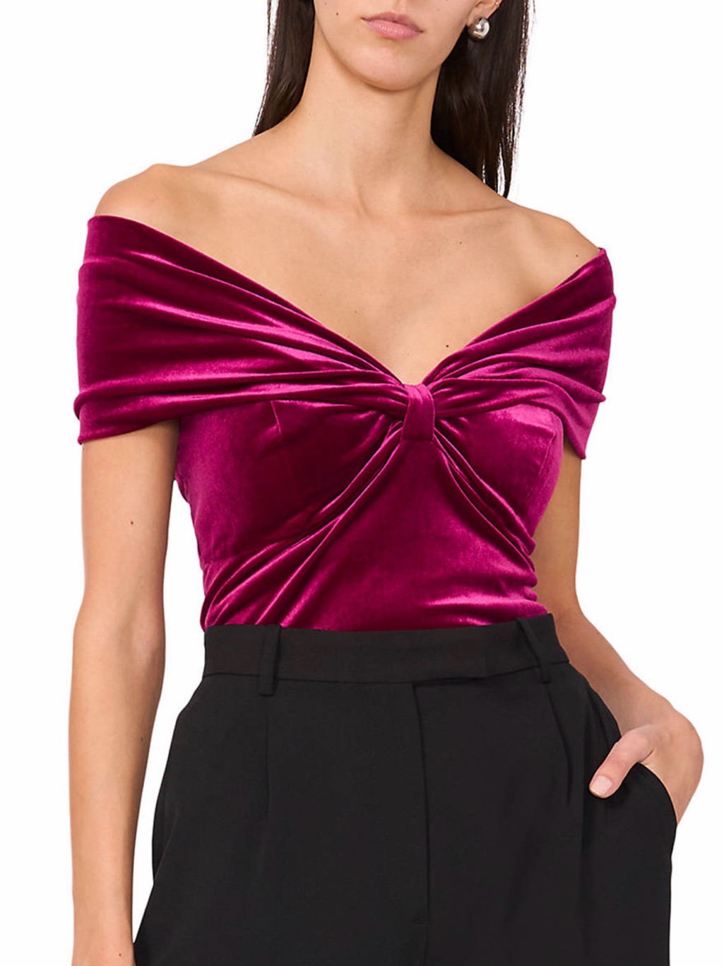 Parker Ruched Off-The-Shoulder Velvet Top In Beyond Fuchsia, Size L, Nwt